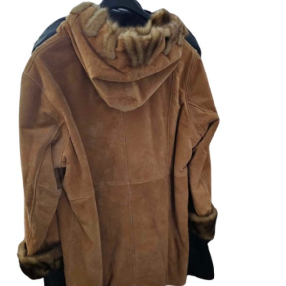 Tan Brown Suede Faux Fur Leather Long Winter Coat Rope Style Pattern 1X - Picture 2 of 3